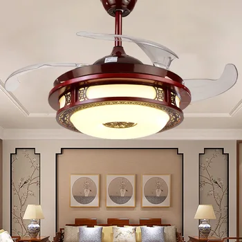 Jaunais Ķīnas ventilators, lampas neredzams griestu ventilators, lampas, restorāns lampu ieslēgtu led lampas, masīvkoka retro studiju tālvadības kulons lampas