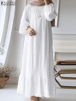 ZANZEA Rudens Gadījuma Ruffles Hem Musulmaņu Kleita Sieviete Puff Piedurknēm O Kakla Kleitas, Elegants Puse Abaya Vestidos Femme Maci Drēbes 2023