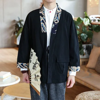 #4244 Melnā Kimono Jaka Vīriešu Jaka Vintage Ķīniešu Stilā Streetwear Kokvilnas, Lina Mētelis Zaudēt Virsdrēbes Plus Lieluma Jaka M-5XL